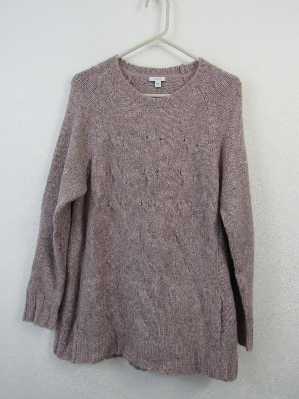Purejill Large Soft Dimensions Cabled Sweater Knit Crewneck Kangaroo Pocket Wool